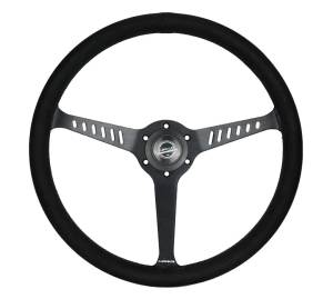 NRG Innovations - NRG Innovations Reinforced Stealth Wheel (380mm / 1in Deep Dish) 3 Spoke Center - Vegan Suede Red Stitch - Image 1