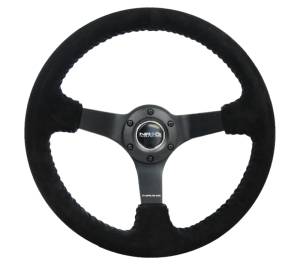 NRG Innovations - NRG Reinforced Steering Wheel (350mm / 3in. Deep) Black Suede/Blue BBall Stitch w/5mm Matte Black Spokes - Image 1