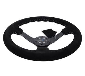 NRG Innovations - NRG Reinforced Steering Wheel (350mm / 3in. Deep) Black Suede/Silver BBall Stitch w/5mm Mt. Black Spokes - Image 3